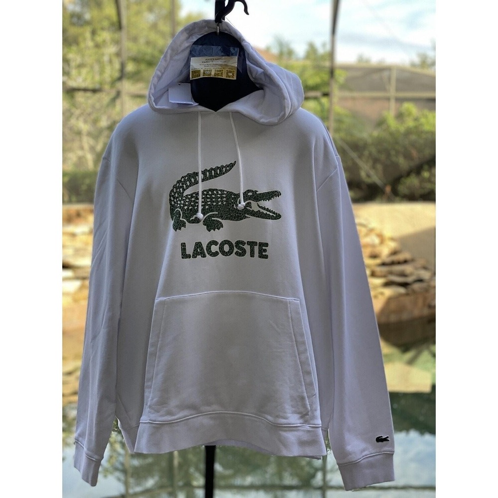 Lacoste Big Croc Fleece Pullover Hoodie 3XL - Men's White Adjustable Hoodie